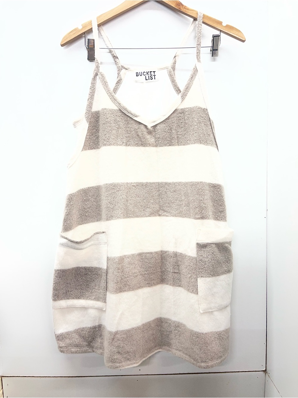 Bucket list V-neck Taupe and White Striped Mini Romper Dress